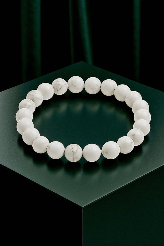 Natural Howlite Bracelet – 8mm White Gemstone Beads – Stress Relief, Calming & Sleep Aid Crystal – Unisex Stretch Bracelet for Yoga, Meditation & Gifting