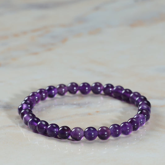 Amethyst Bracelet – Natural Plain Amethyst Stone Stretchable Beaded Bracelet for Peace, Protection & Spiritual Healing