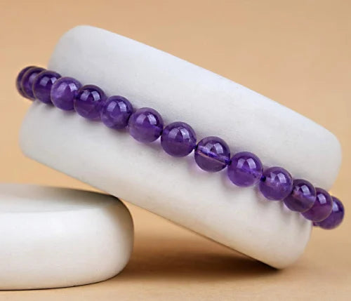 Amethyst Bracelet – Natural Plain Amethyst Stone Stretchable Beaded Bracelet for Peace, Protection & Spiritual Healing