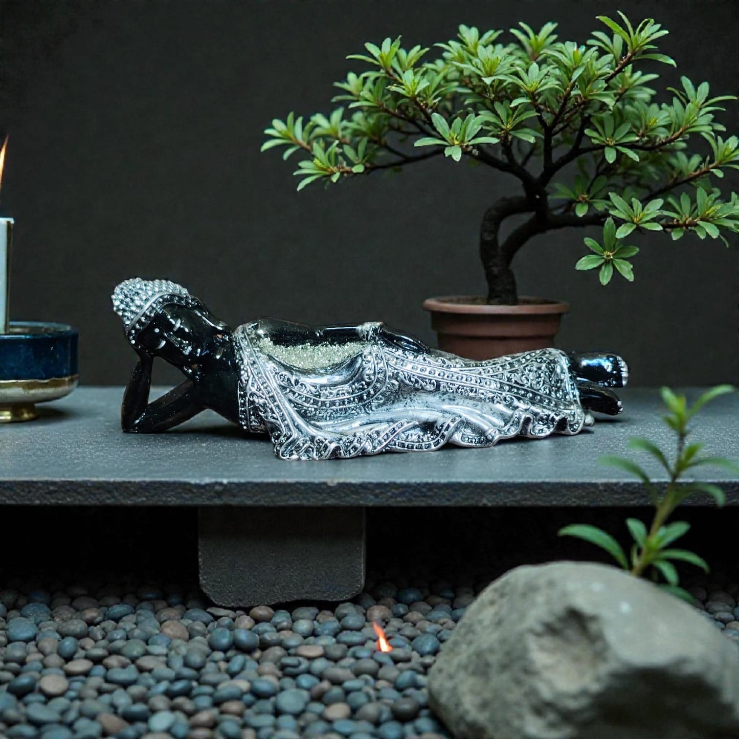 BLUNETRA Midnight Crystal-Engraved Reclining Buddha – Divine Peace & Healing Energy