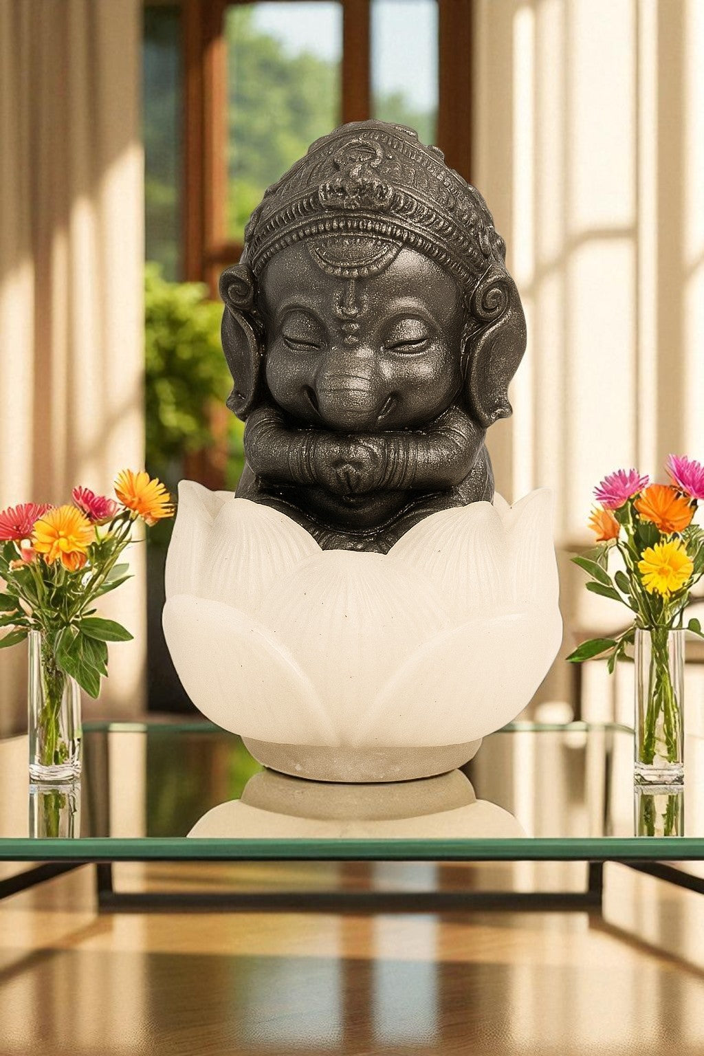 Pyrite Lord Ganesha Idol Sitting on Selenite Lotus – Handcrafted Decorative Statue for Positivity, Wealth & Protection – Vastu & Feng Shui Gift for Home, Office, Puja