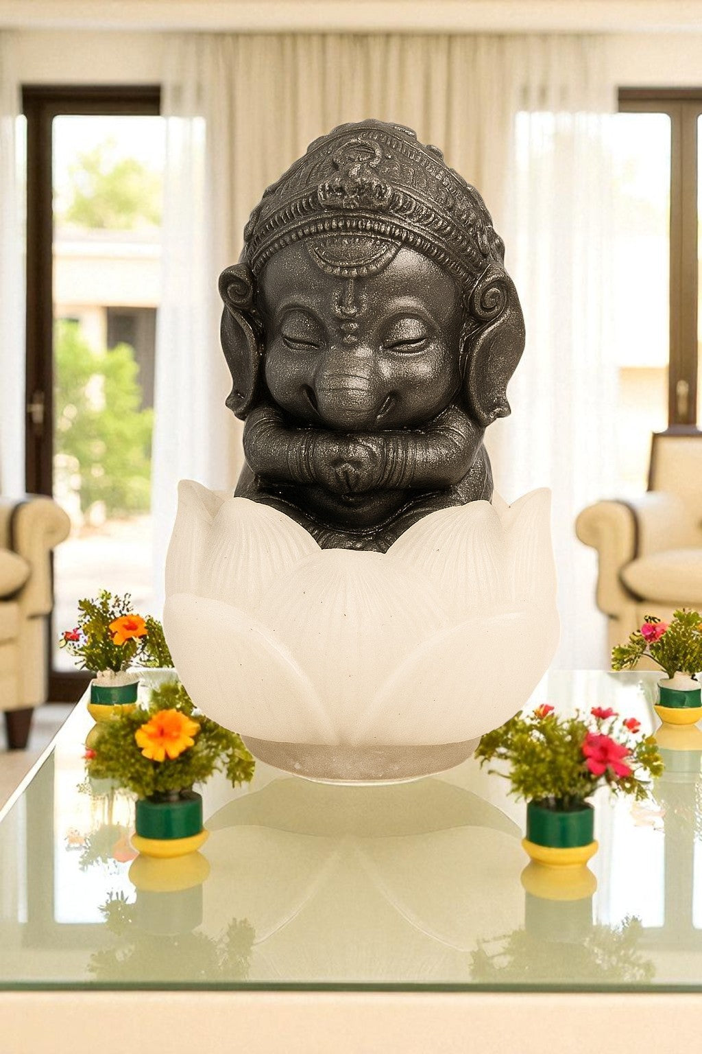 Pyrite Lord Ganesha Idol Sitting on Selenite Lotus – Handcrafted Decorative Statue for Positivity, Wealth & Protection – Vastu & Feng Shui Gift for Home, Office, Puja