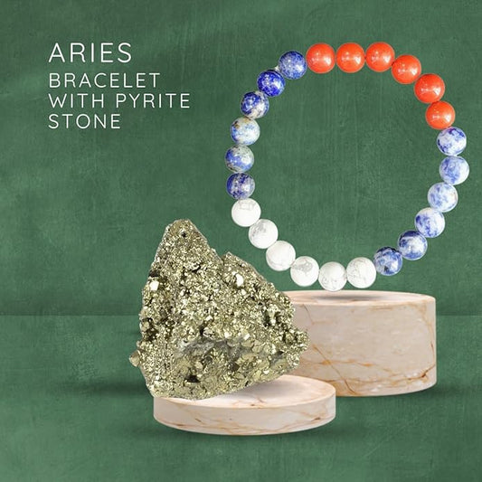 BLUNERA™ Aries Zodiac (Mesh Rashi) Healing Crystal Bracelet For Strength, Health & Prosperity  Comes with FREE Natural Pyrite Stone