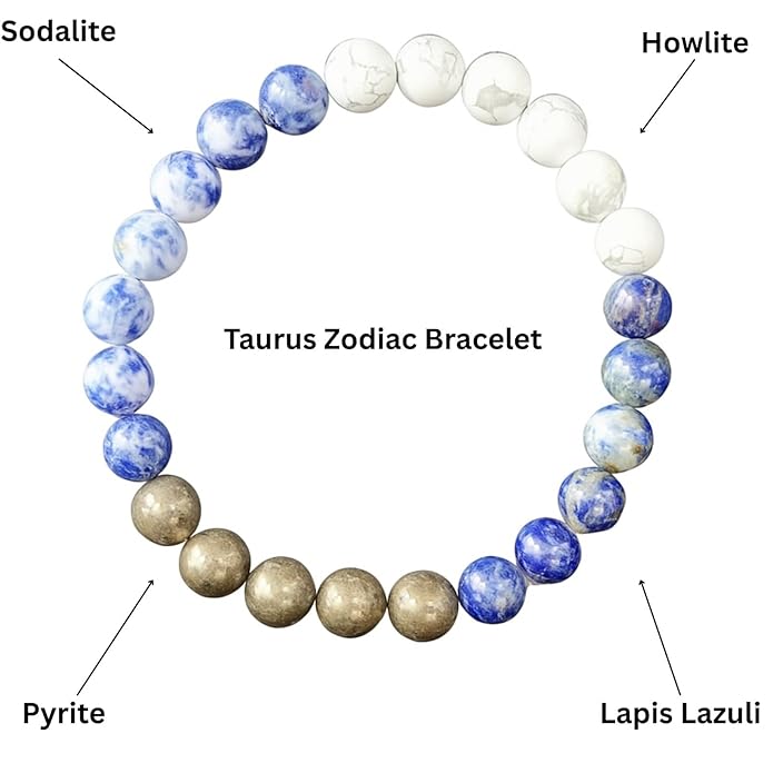 BLUNERA™ Handmade Taurus Zodiac (Vrishabh Rashi) Healing Crystal Bracelet For Wealth, Money & Wellness  Comes with FREE Natural Pyrite Stone