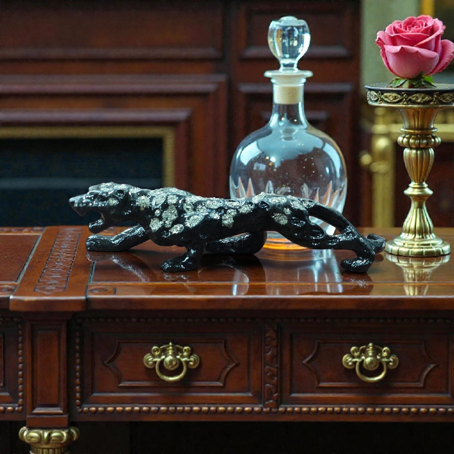 Black Jaguar Engraved with Pyrite Crystal ( Symbol of Fearlessness Speed Prosperity )