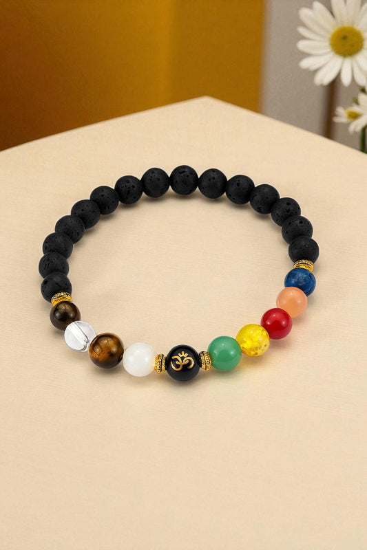 Navratna Chakra Healing Bracelet – 8mm 9 Chakra Gemstones with Lava Beads – Stretch Bracelet for Energy Balance, Planetary Harmony & Spiritual Protection – Unisex Yoga Jewelry