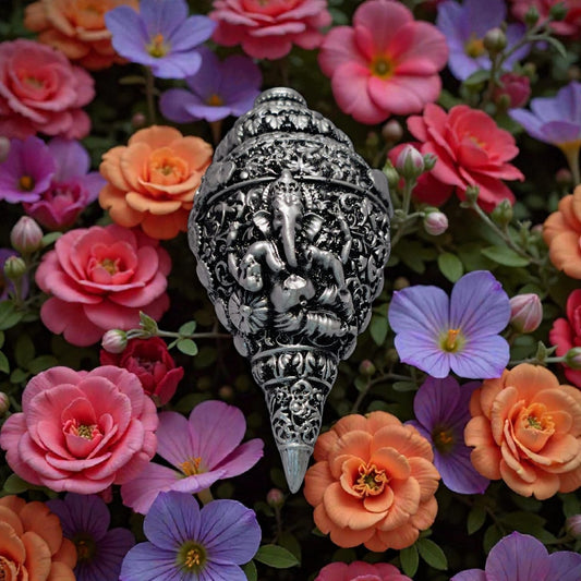 BLUNETRA Shubh Vighnaharta Ganesh Shankh – Silver & Antique Brass Finish Vaastu Decor ( Sacred Symbol of Energy & Divine Blessings)